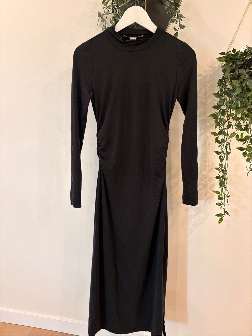 LOFT Black Long-Sleeve Midi Dress with Side Gather